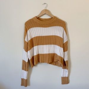 American Eagle Mustard Yellow & White Striped Crewneck Sweater Size Small